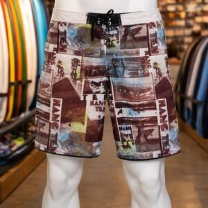 Vintage Men’s Surf Board Shorts Beach Print Lace-Up Swim Trunks